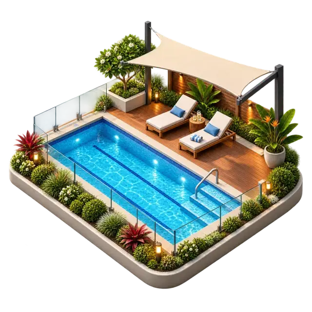 Brigade Gunjur swimming pool with leisure deck, seating and planted surroundings