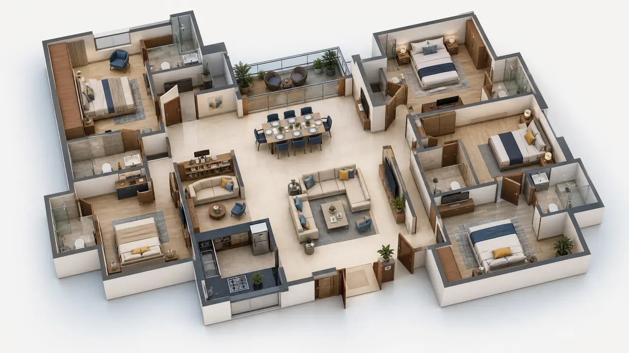 Conceptual three-dimensional four-bedroom apartment planning study