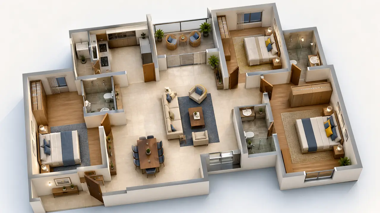Conceptual three-dimensional three-bedroom apartment planning study