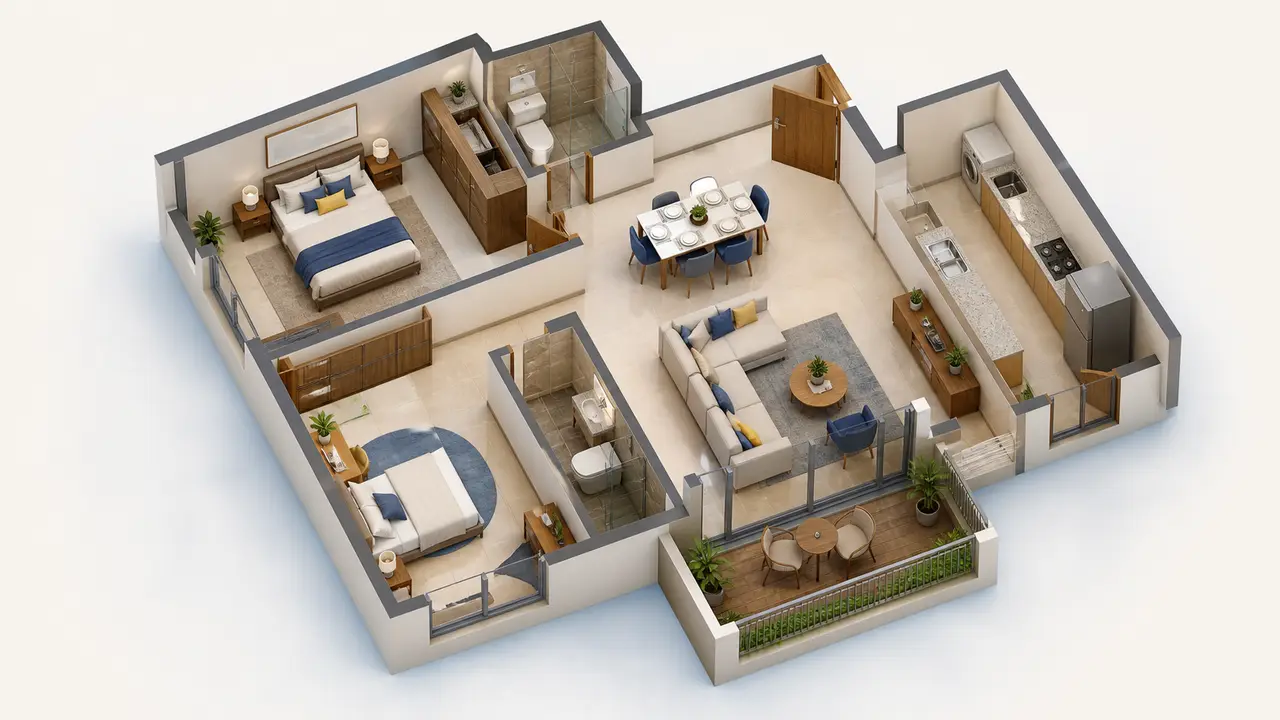 Conceptual three-dimensional two-bedroom apartment planning study