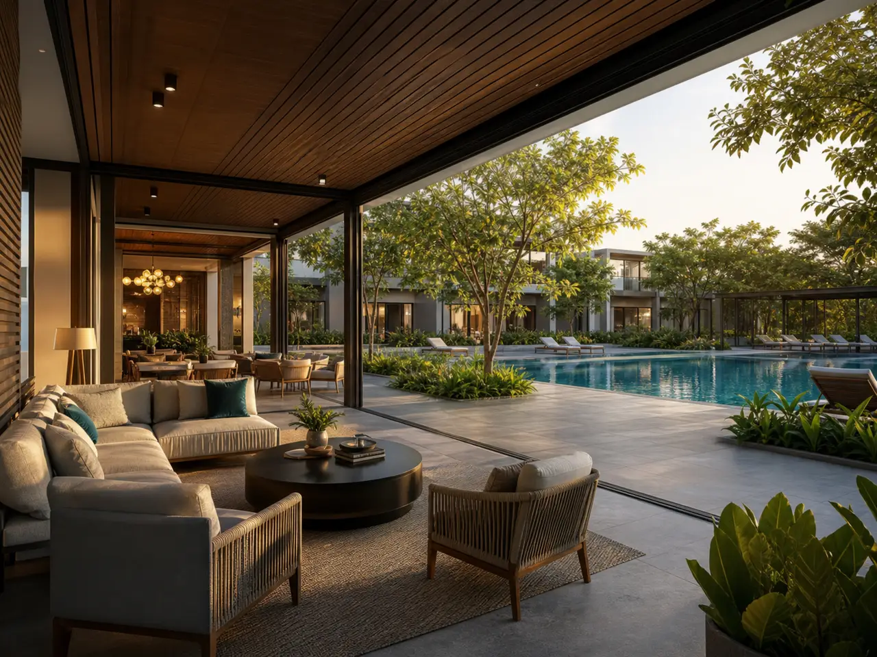 Representative shared residential pool and clubhouse setting