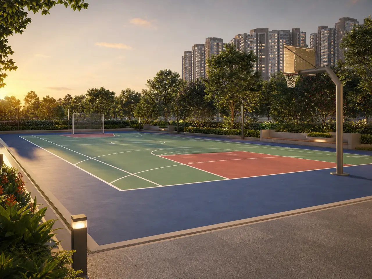 Representative landscaped residential sport-court setting